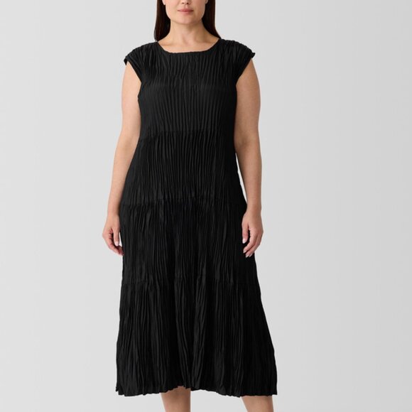NWT Eileen Fisher Black Crushed Silk Jewel Neck Tiered Dress - Picture 1 of 7